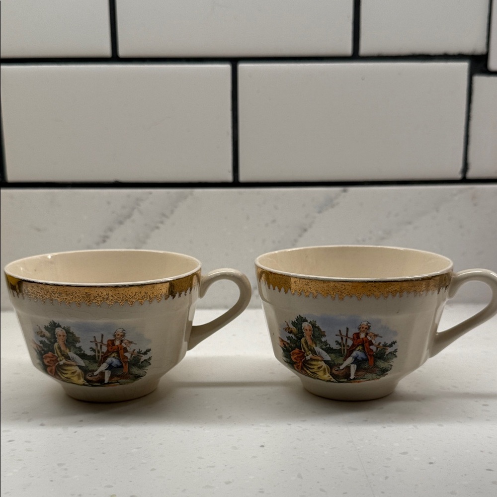 Cronin China Colonial Courting Couple Teacups w/ Gold Trim (Set of 2) [D]